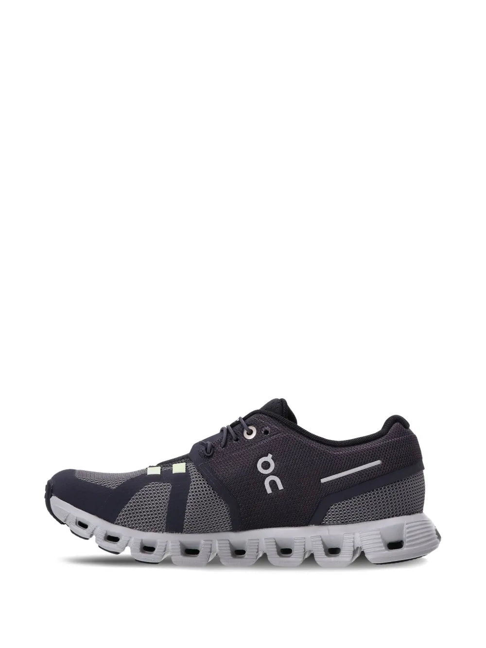 Black low-top running trainers with mesh panels, lace-up closure, and white outsole