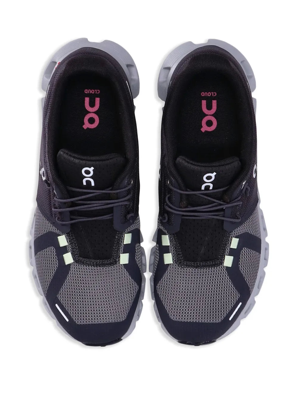 Pair of black lace-up running shoes with On logo on tongue and white outsole