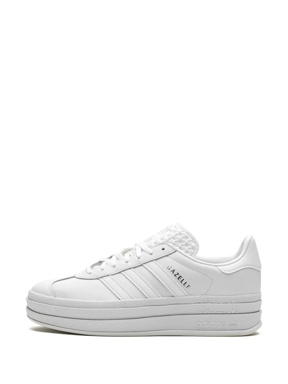 White adidas Gazelle Bold sneakers, side view with lace eyelets and cushioned midsole