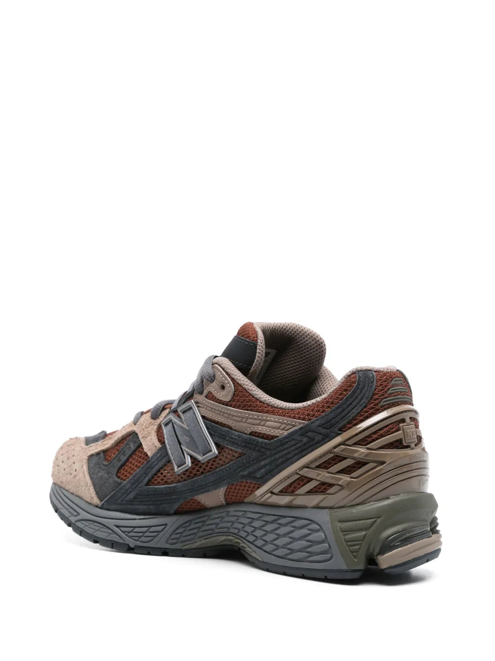 Brown and gray lace-up sneakers with textured overlays and cushioned heel support