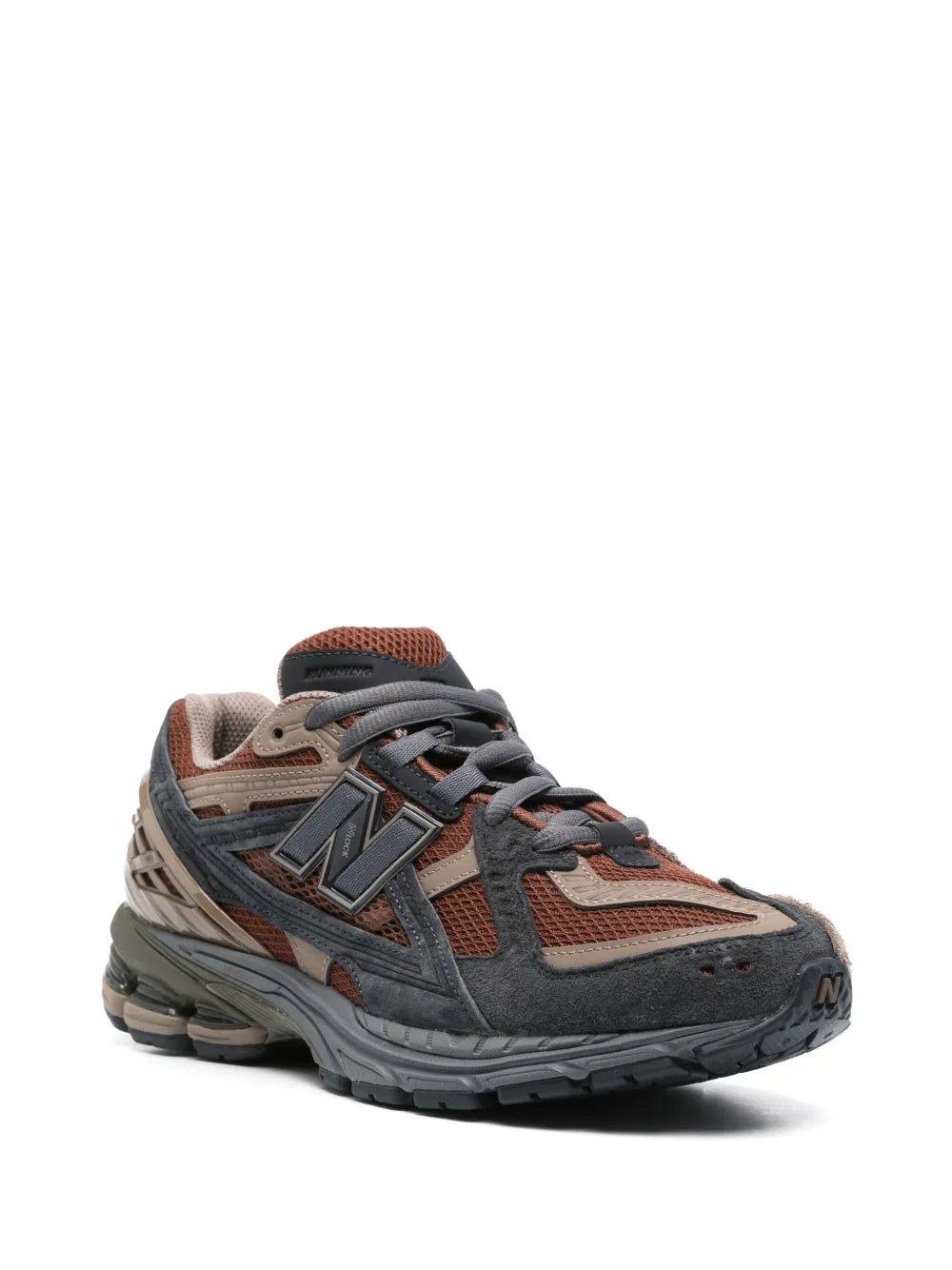 Low-profile lace-up sneakers with brown and gray uppers, N logo, and thick sole