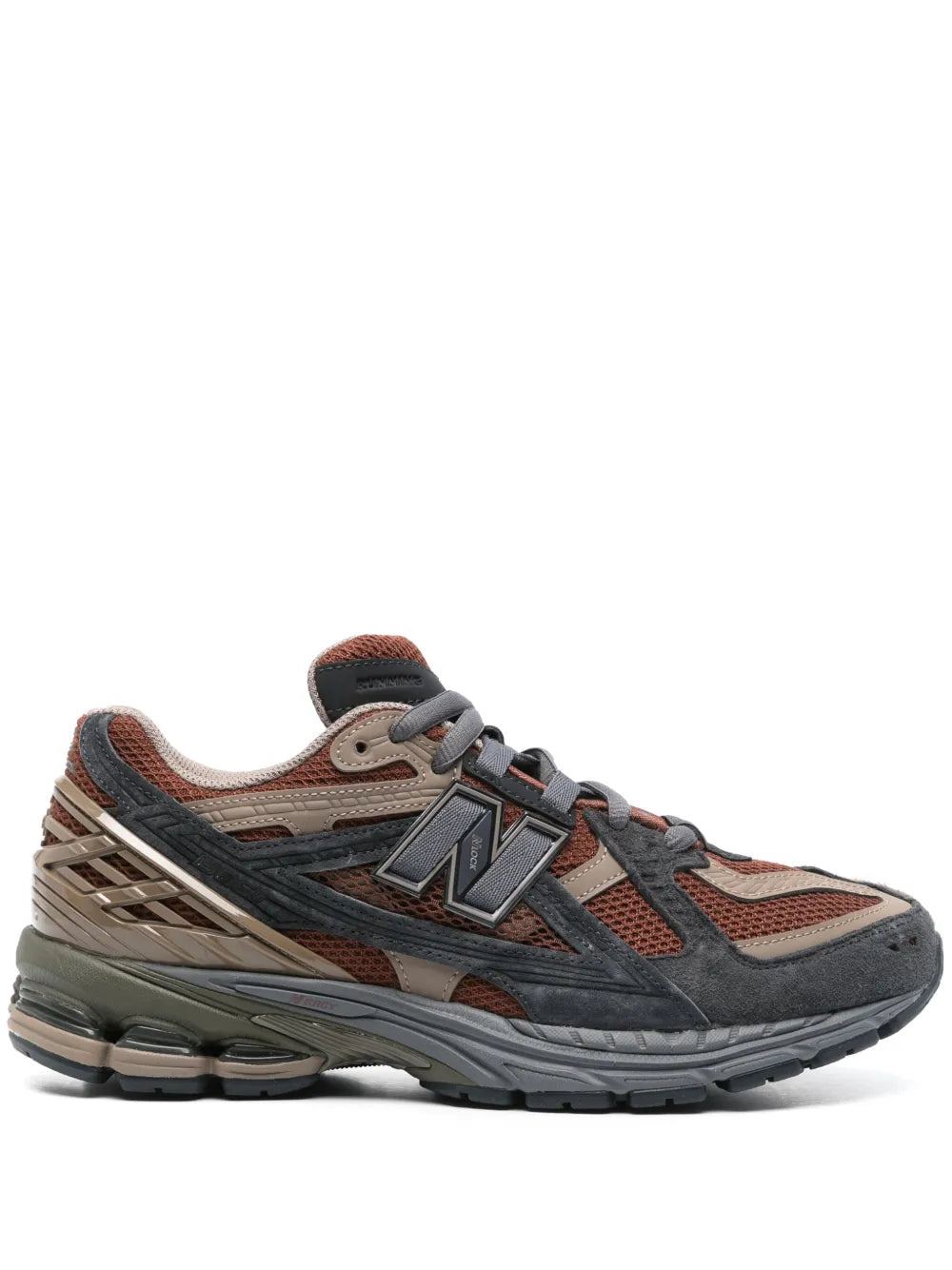 New Balance 1906 sneakers in brown, gray, and orange with chunky tread and laces
