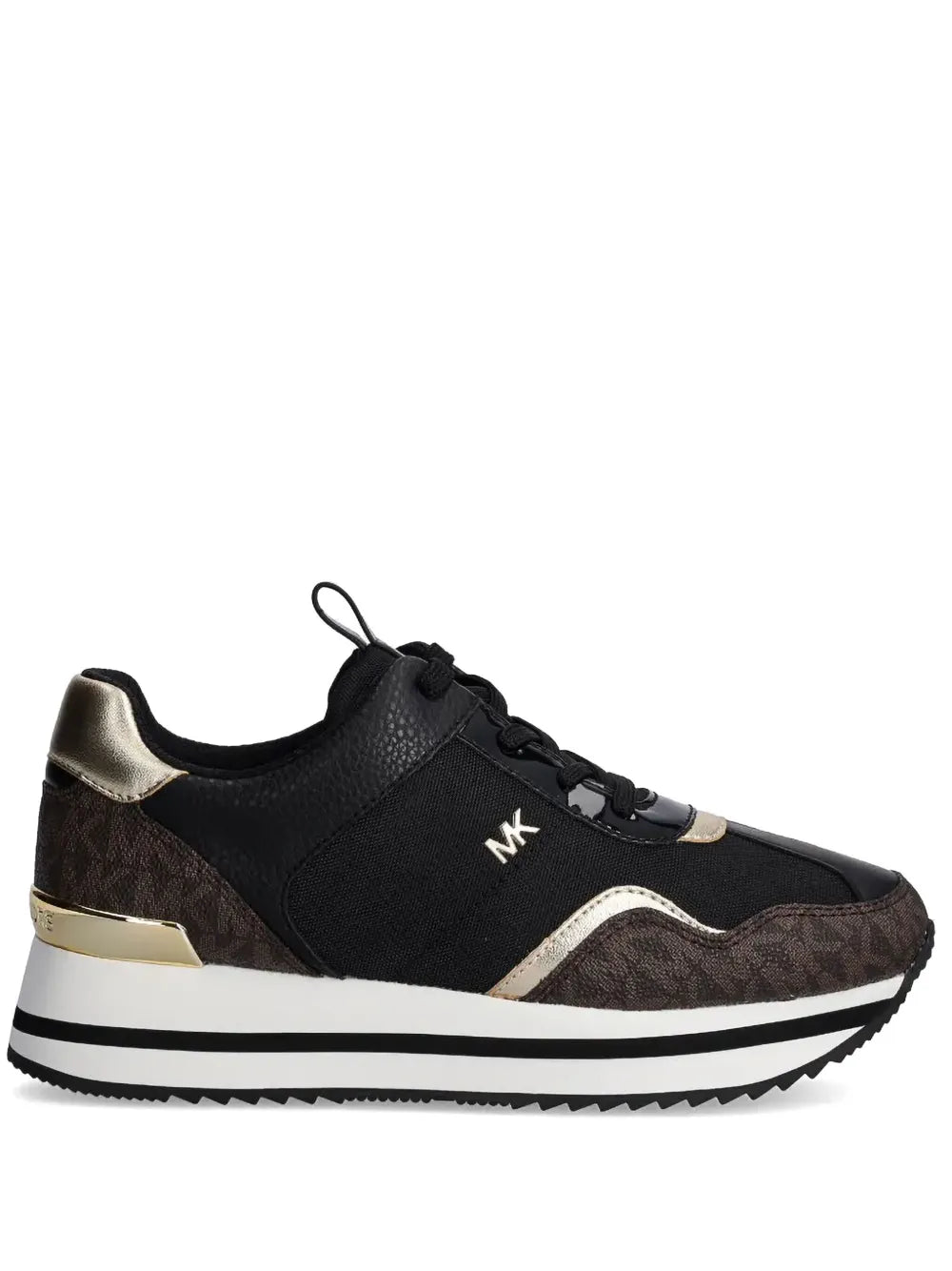 Black Michael Michael Kors Raina sneaker with gold heel trim, laces, and striped sole