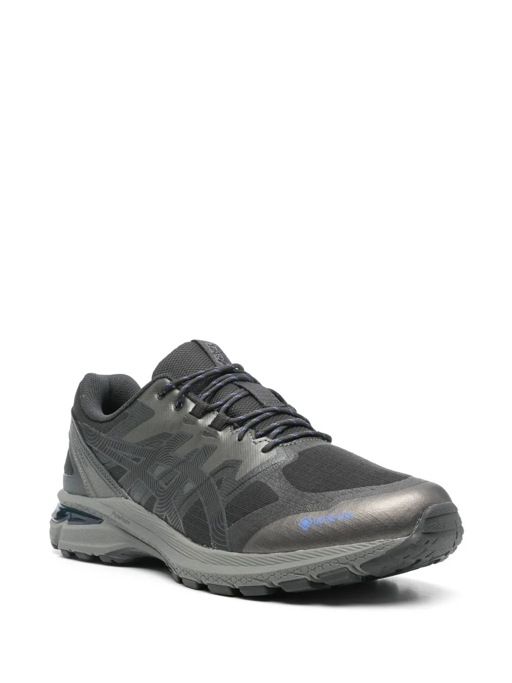 ASICS Gel-Terrain GTX sneakers, dark gray with blue logo, lace-up, grippy trail sole
