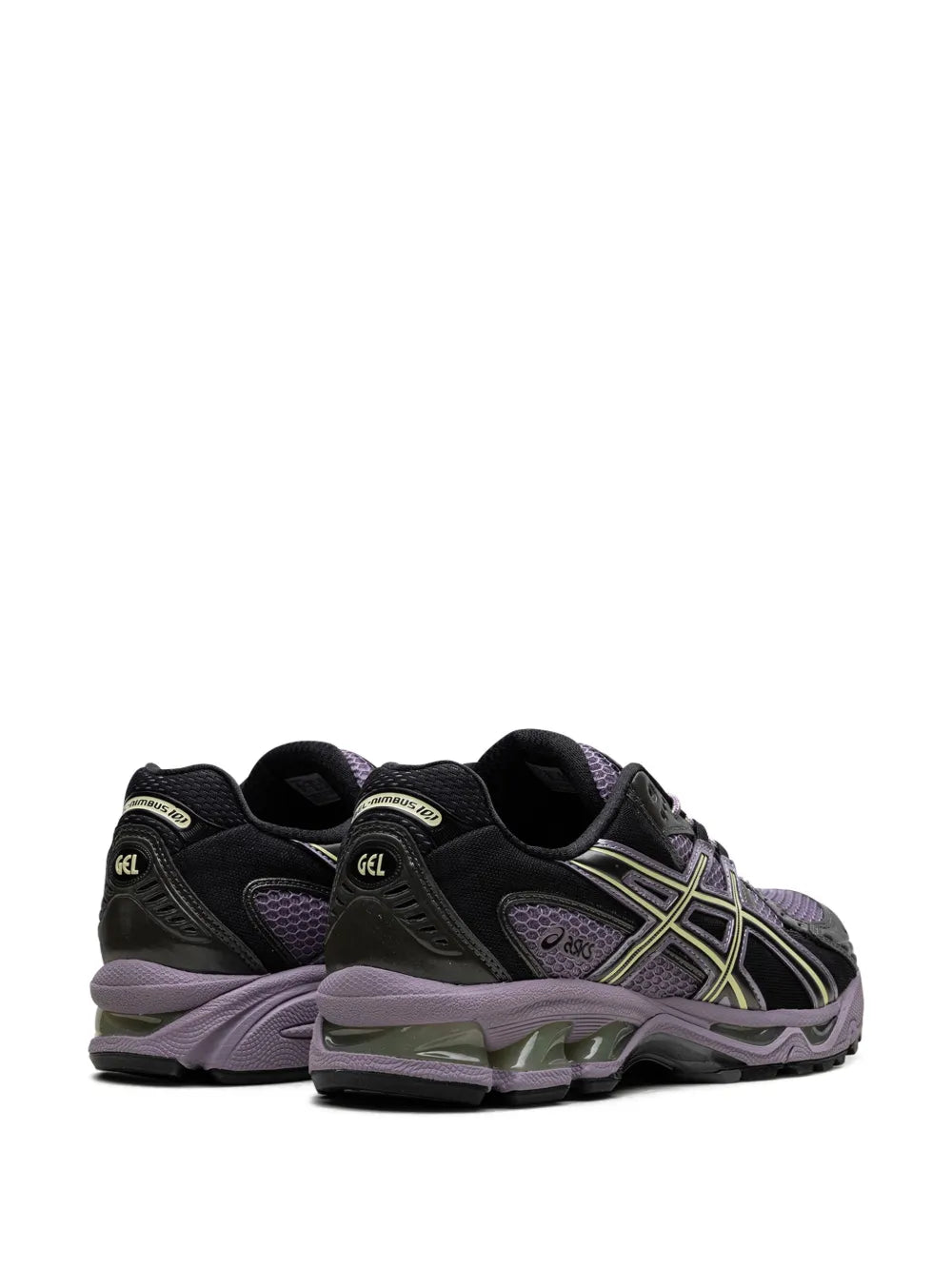 Gel-Nimbus 10.1 running shoes with black upper, purple panels, and cushioned heel