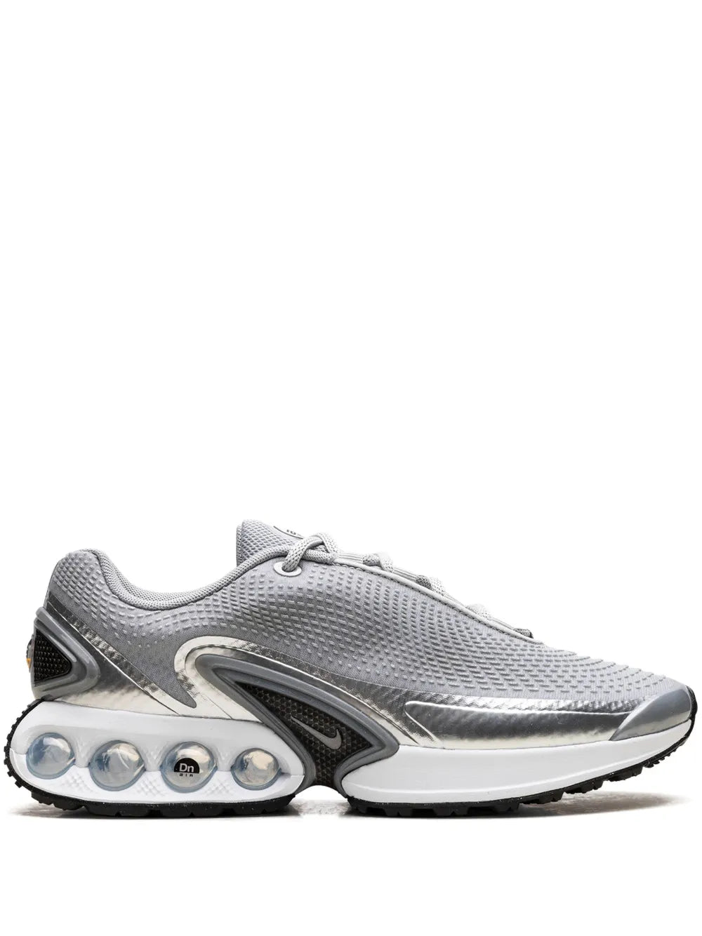 Nike Air Max shoe in gray mesh with silver accents and blue air-pod sole