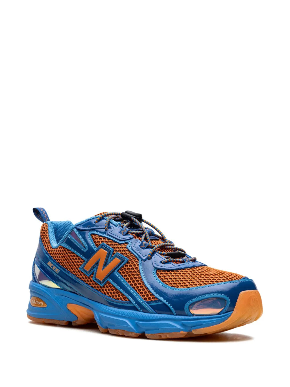 New Balance 740V2 tech sneakers, side view, cobalt blue with orange mesh panels