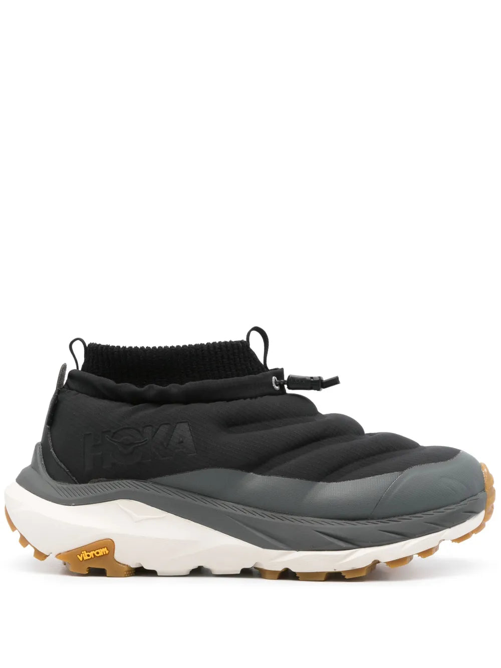Black/gray high-top slip-on sneakers with quilted puffer upper and cushioned sole