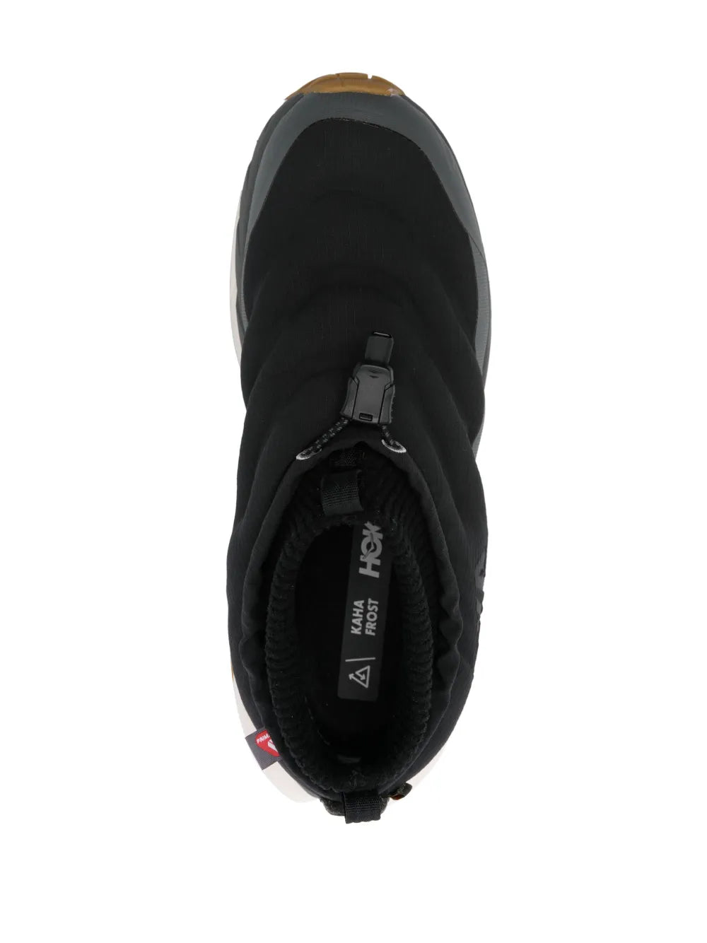 Black high-top moc sneakers with knit lining and inner tongue label