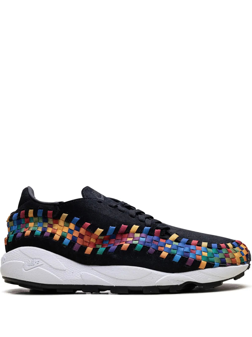 Nike Air Footscape Rainbow sneakers with black knit and colorful woven stripe, white sole