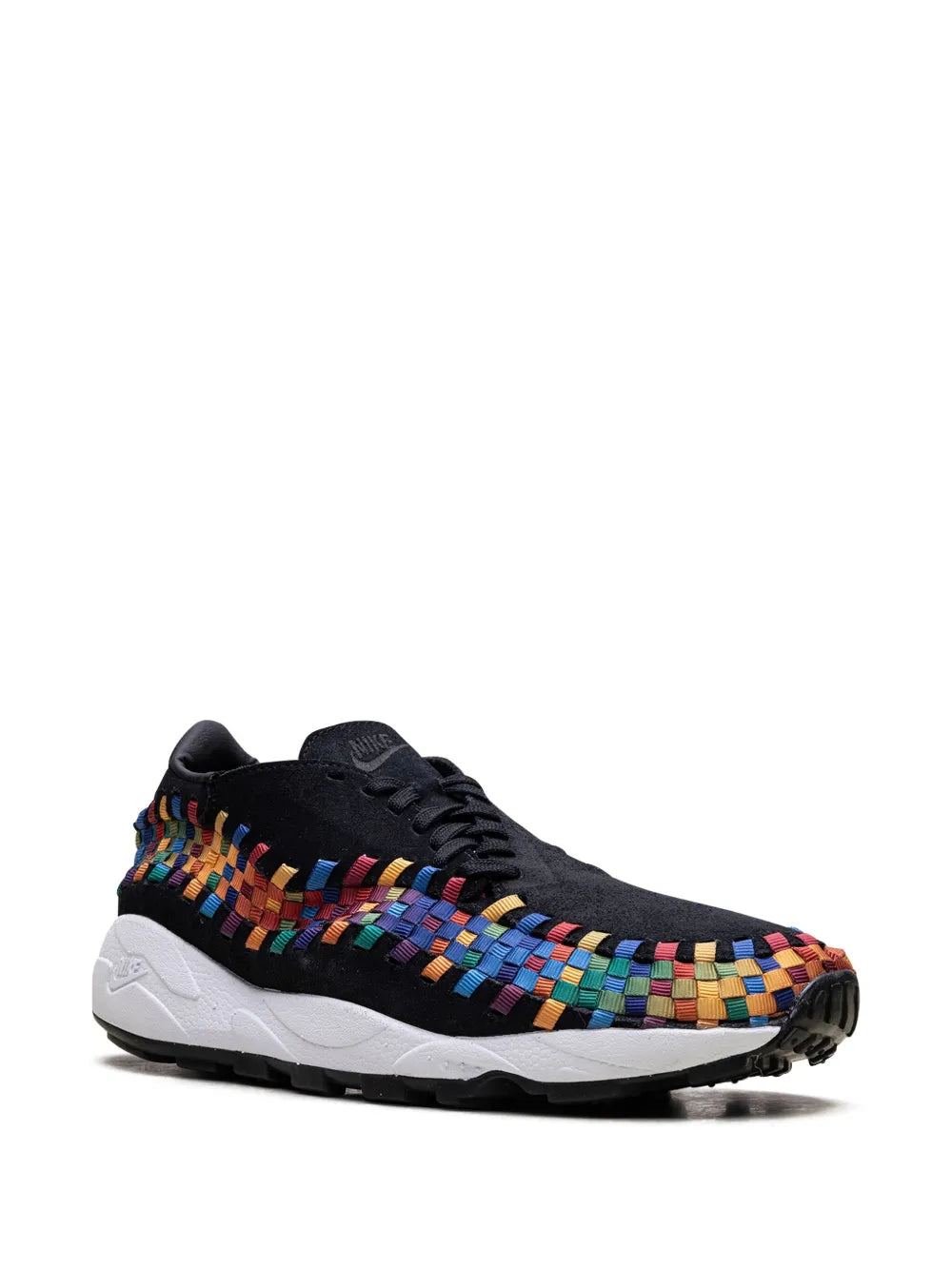 Nike Air Footscape Rainbow sneakers, black upper with multicolor woven front, white midsole