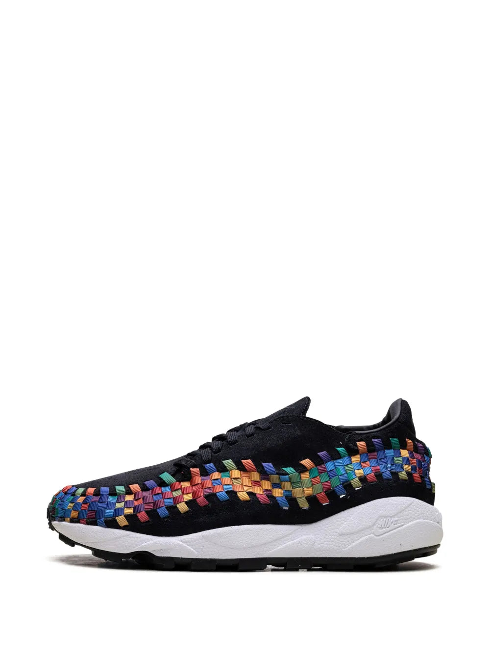Nike Air Footscape Rainbow sneakers with black knit and multicolor woven side panel, white sole