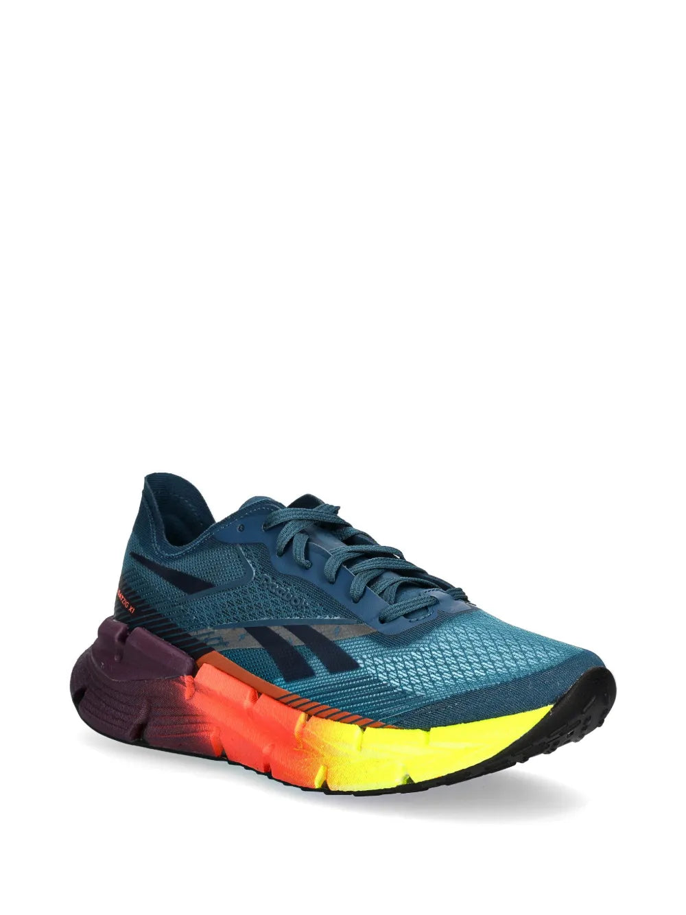 Blue lace-up running shoe with textured upper, burgundy side, neon sole