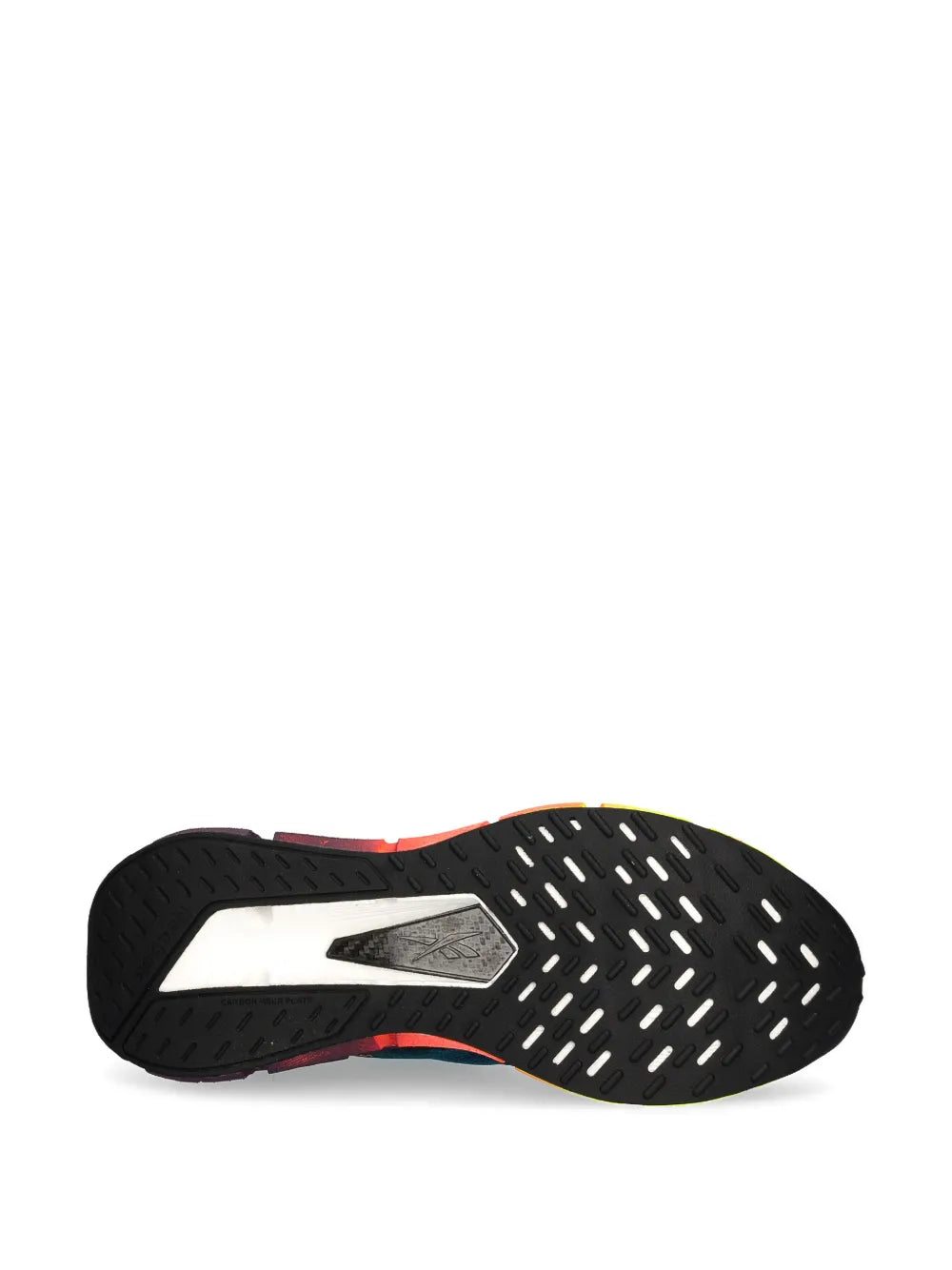 Black rubber outsole with deep tread and white side stripe for running shoe