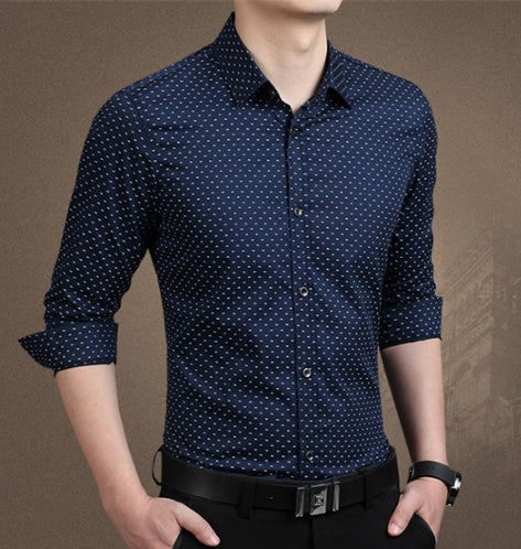 Men's dress shirt in navy blue with small dot pattern, 3/4 sleeves and button-up front