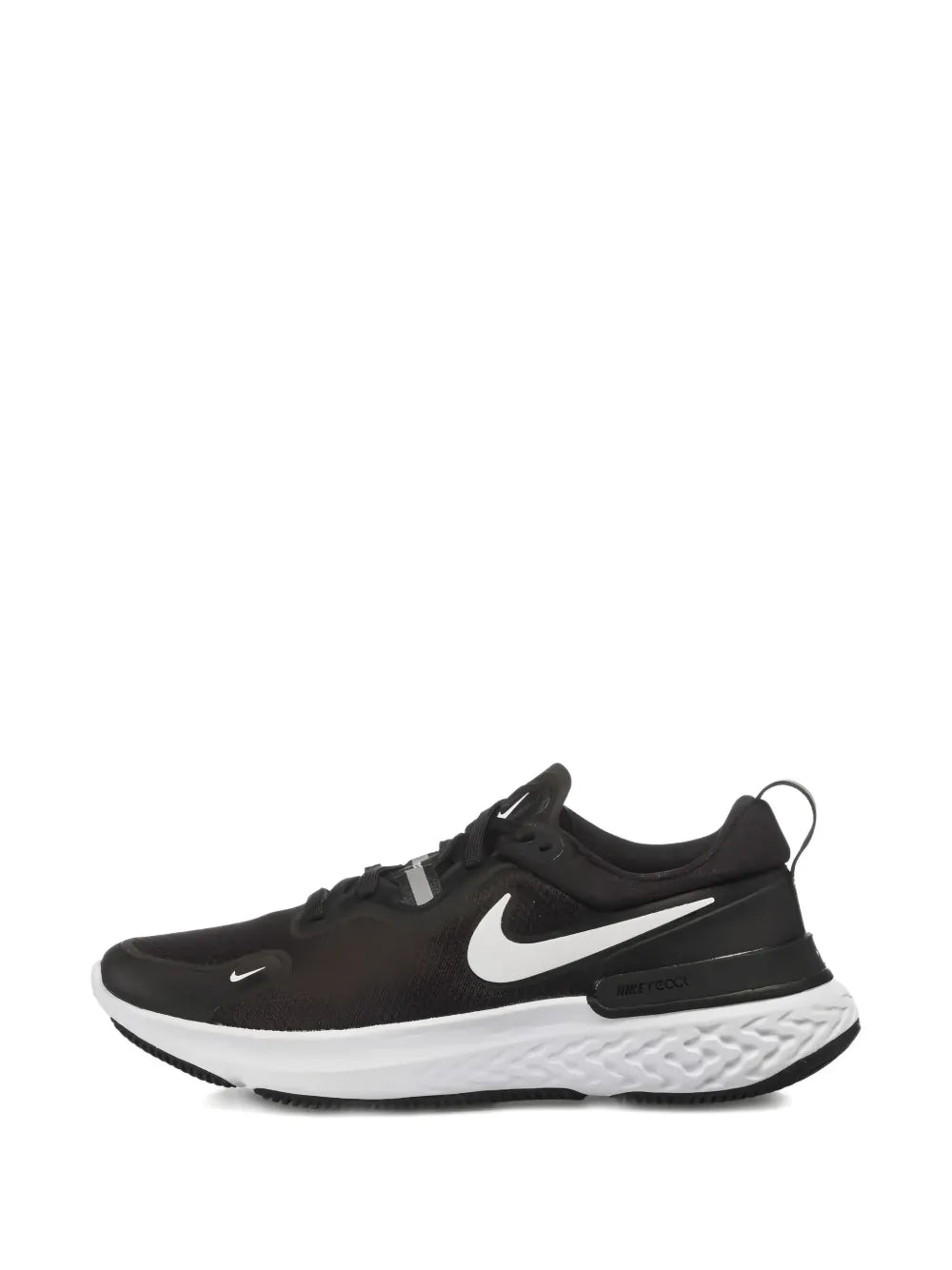 Black Nike running shoe front view with white midsole and lace-up design.
