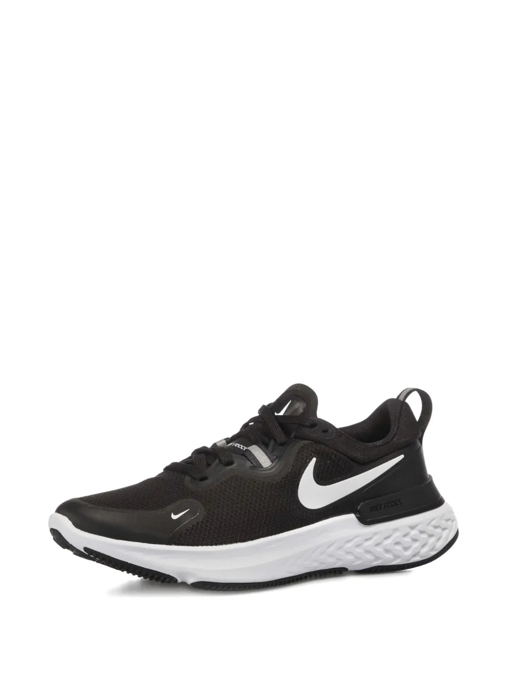 Black Nike trainer sneaker with white sole, lace-up upper and side swoosh.