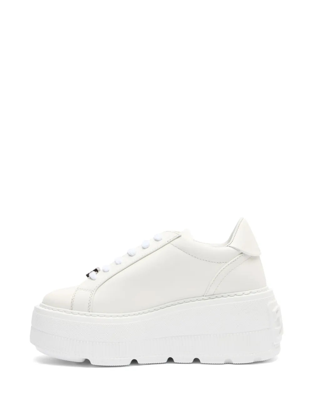 White leather platform sneakers with lace-up front and thick white sole