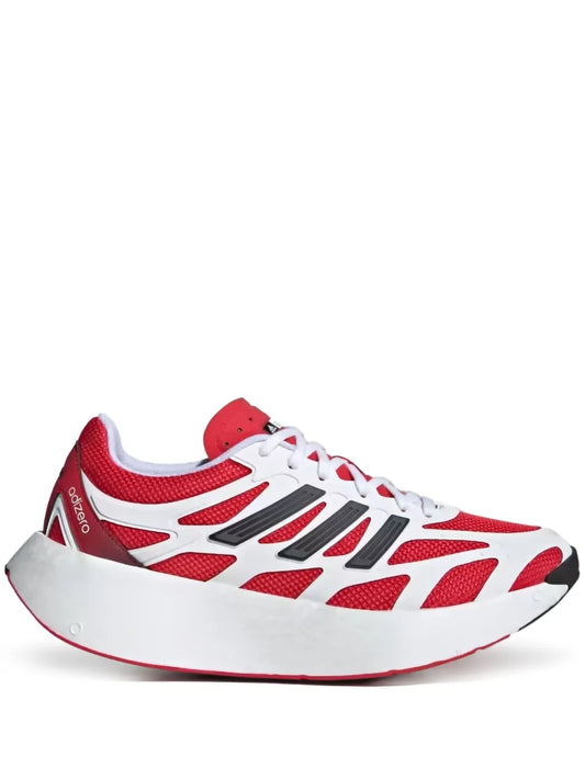Red and white lace-up running shoe with black adidas-style stripes
