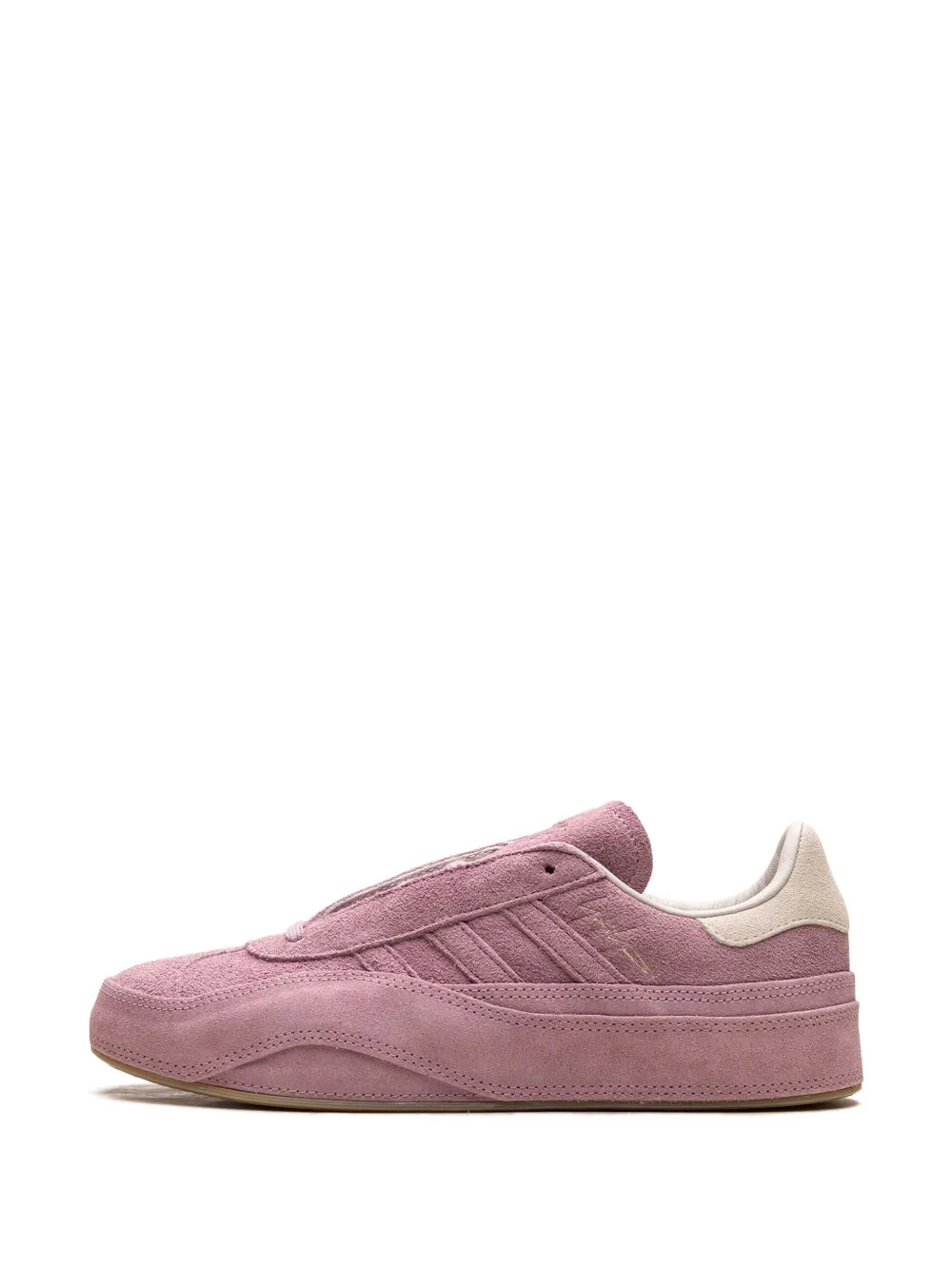 Y-3 Gazelle sneaker front side in mauve suede with lace-up closure and gum sole