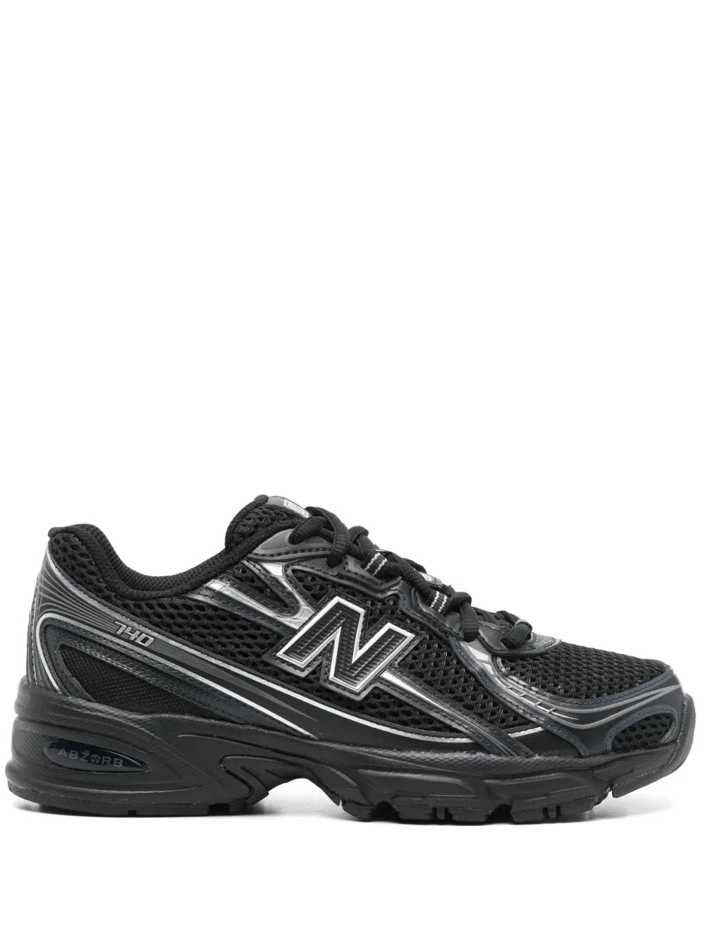 New Balance 740 black lace-up sneakers with large N logo and cushioned rubber sole
