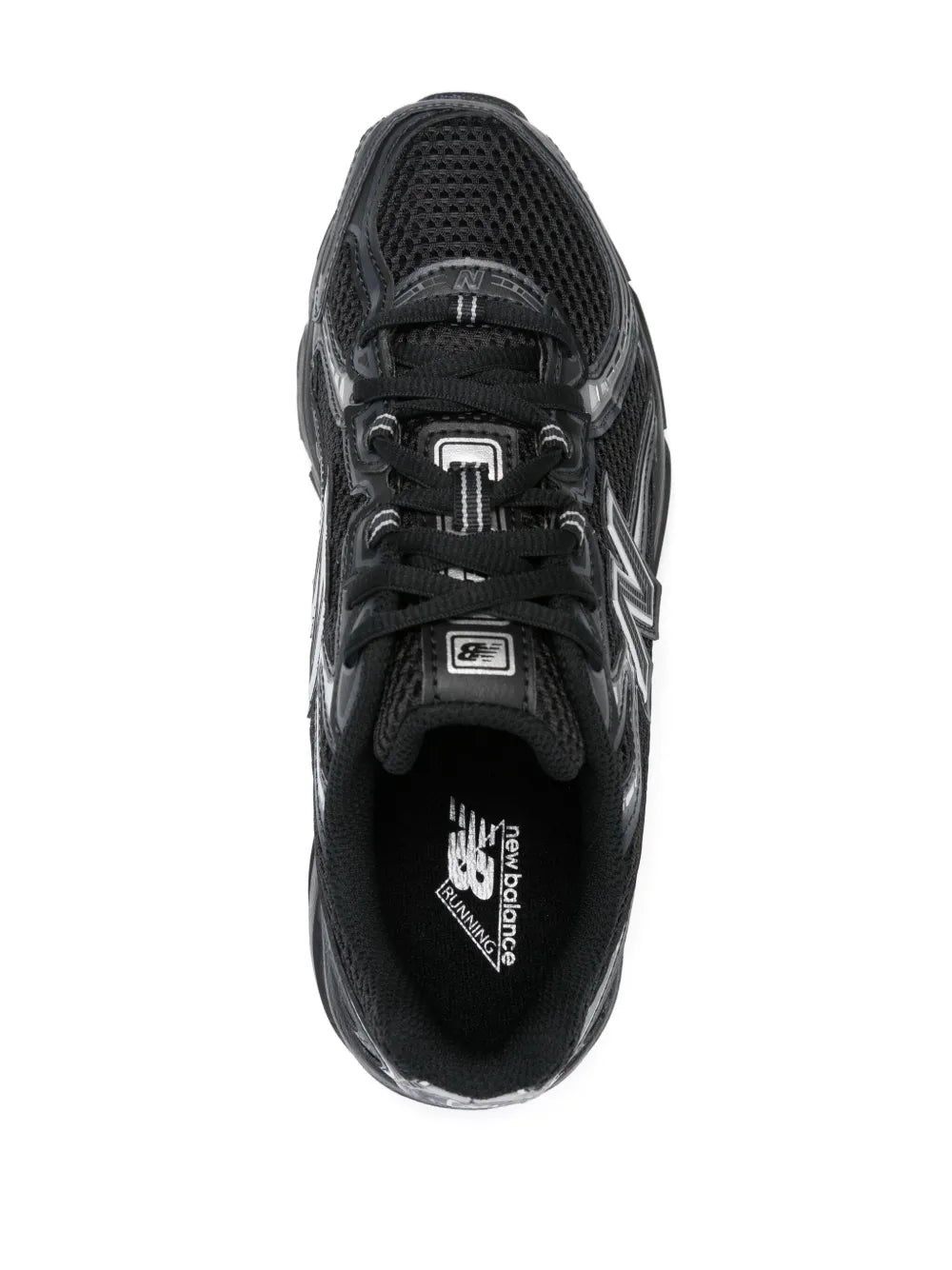 Black lace-up sneaker showing padded collar and tongue with brand label