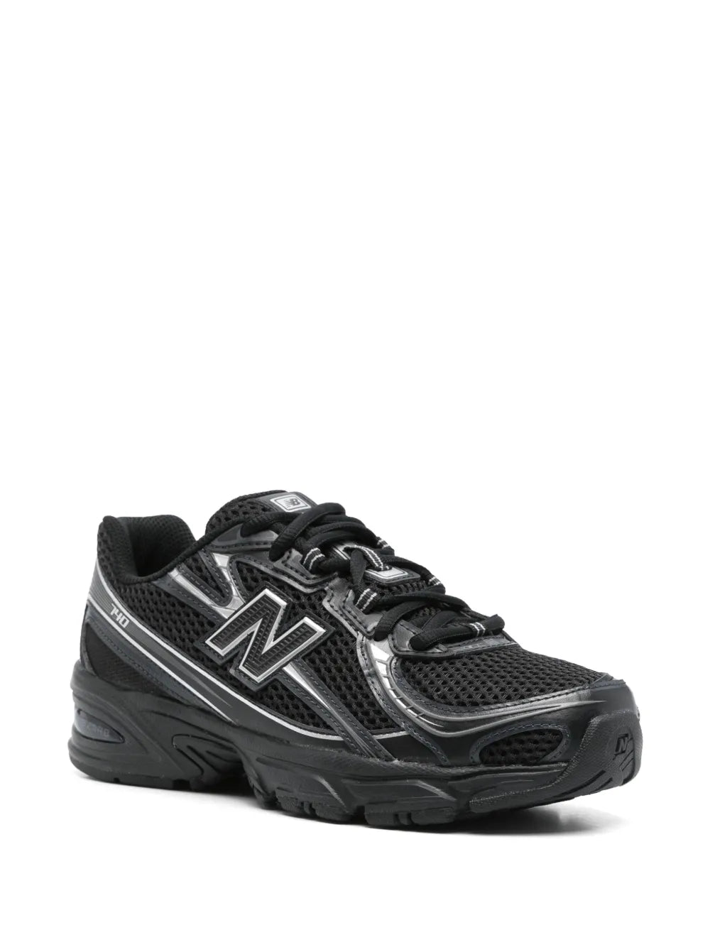 Black lace-up sneakers with side N logo, metallic stripes, and chunky rubber sole