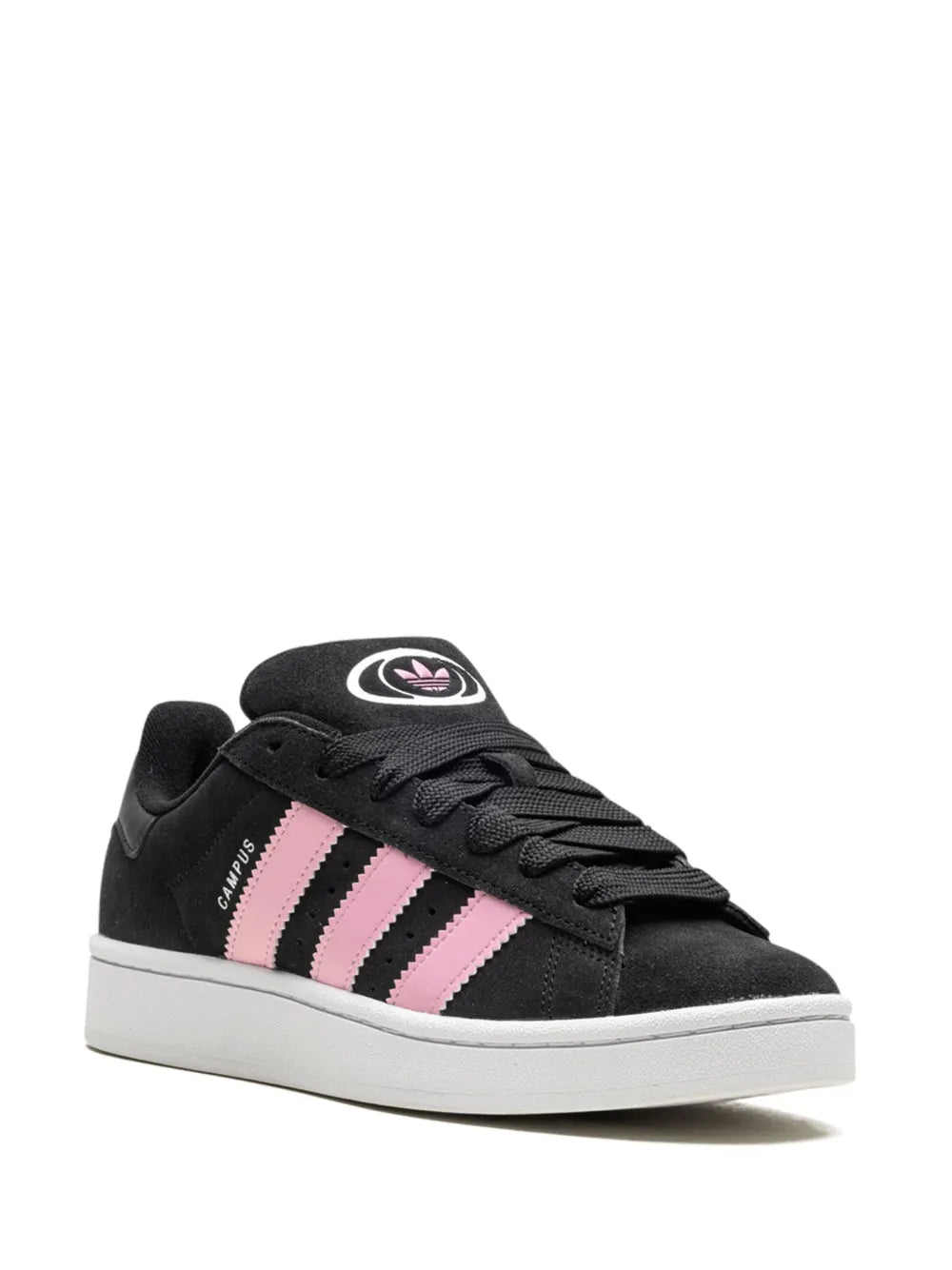 Black lace-up sneakers with pink-and-white adidas-style stripes and side patch