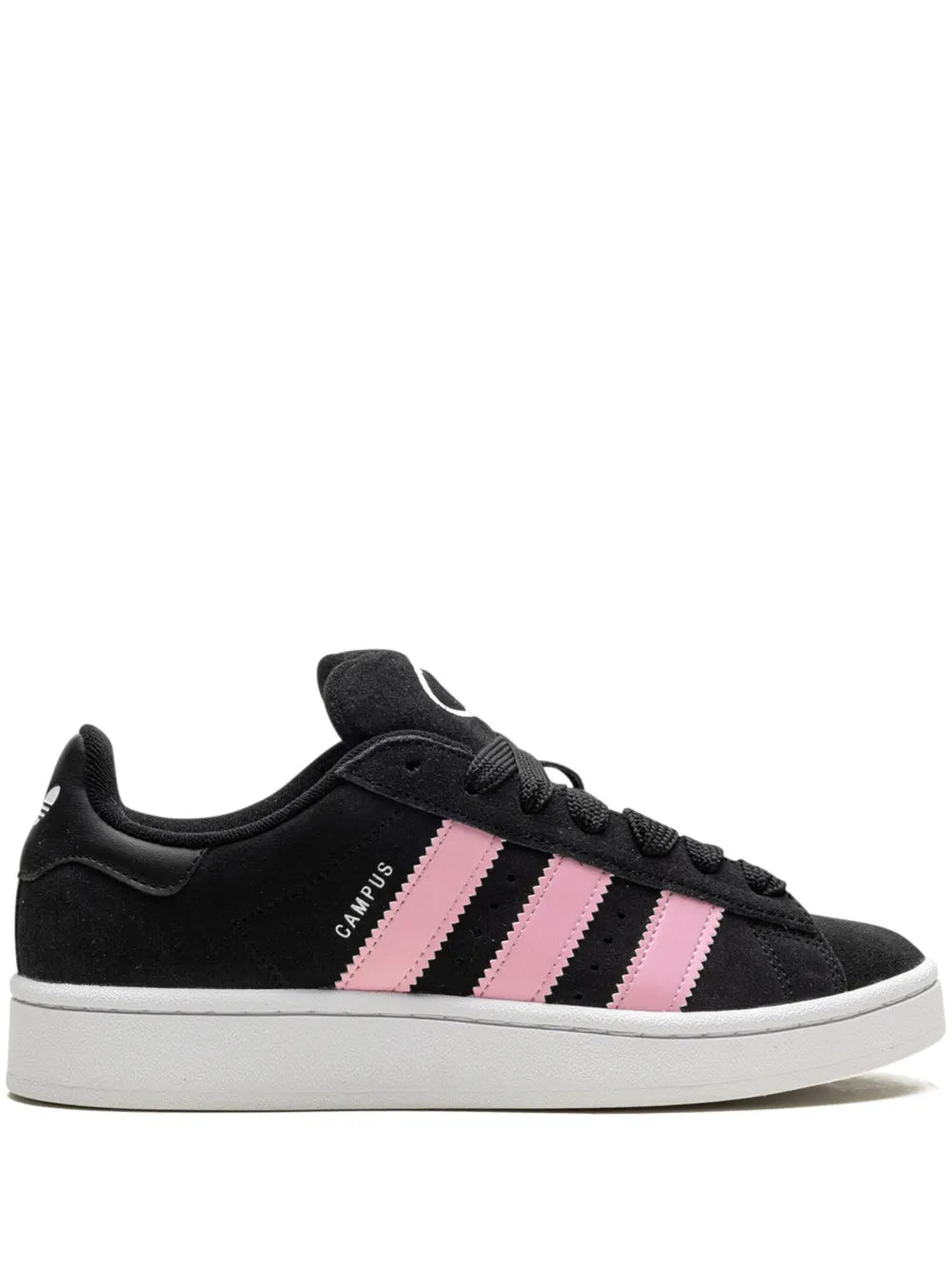 Black low-top sneakers with pink triple stripes and lace-up front