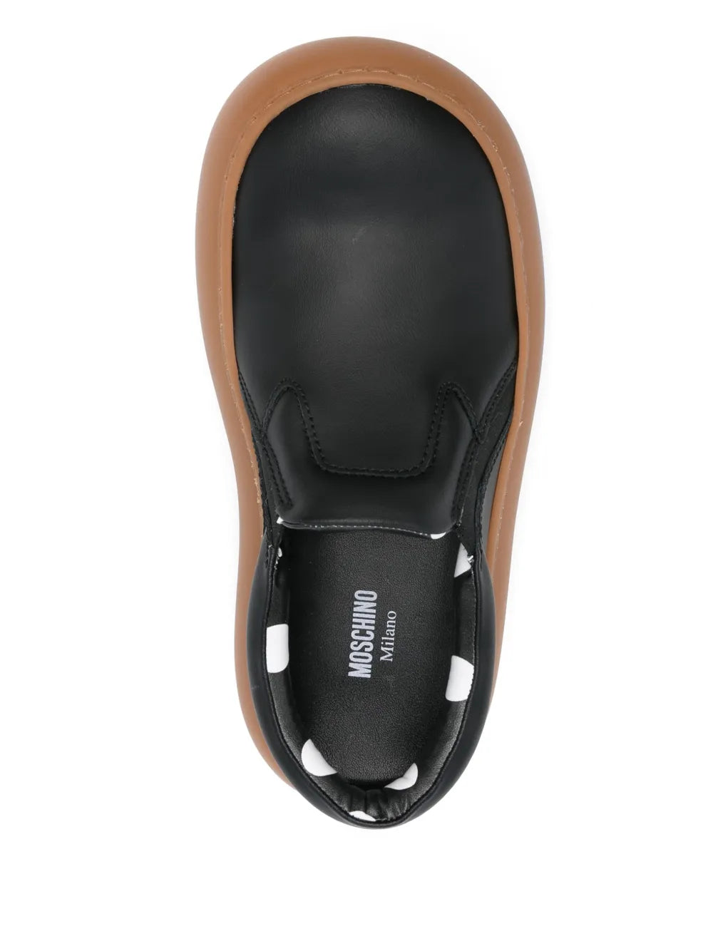 Black leather slip-on sneaker with tan collar and Moschino logo on insole