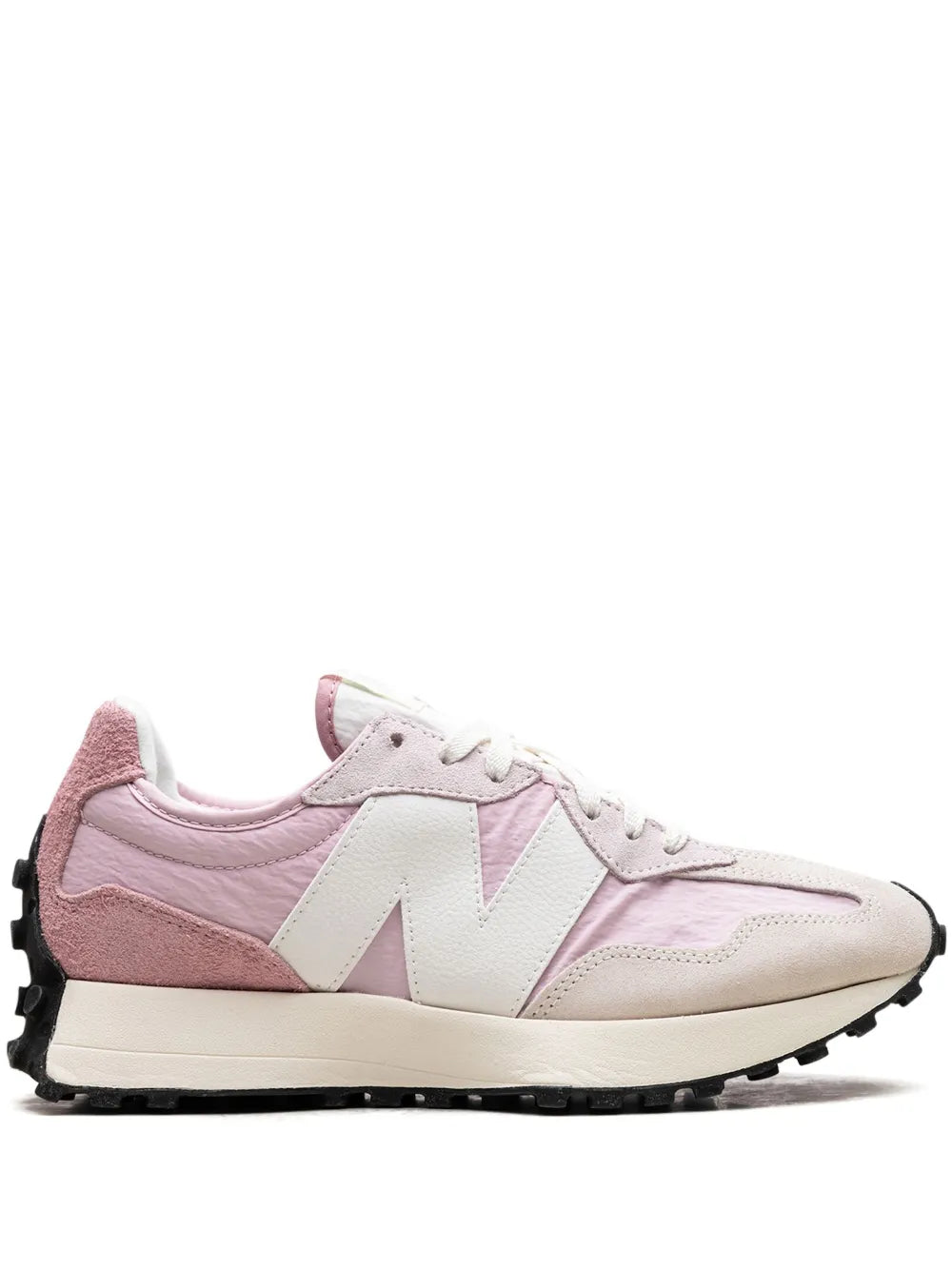 Pink and white low-top sneaker with white N logo, lace-up, black studded outsole