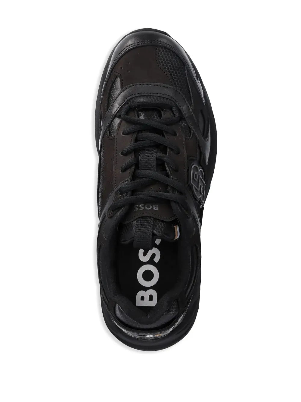 Black running sneaker top view with lace-up closure and tongue logo