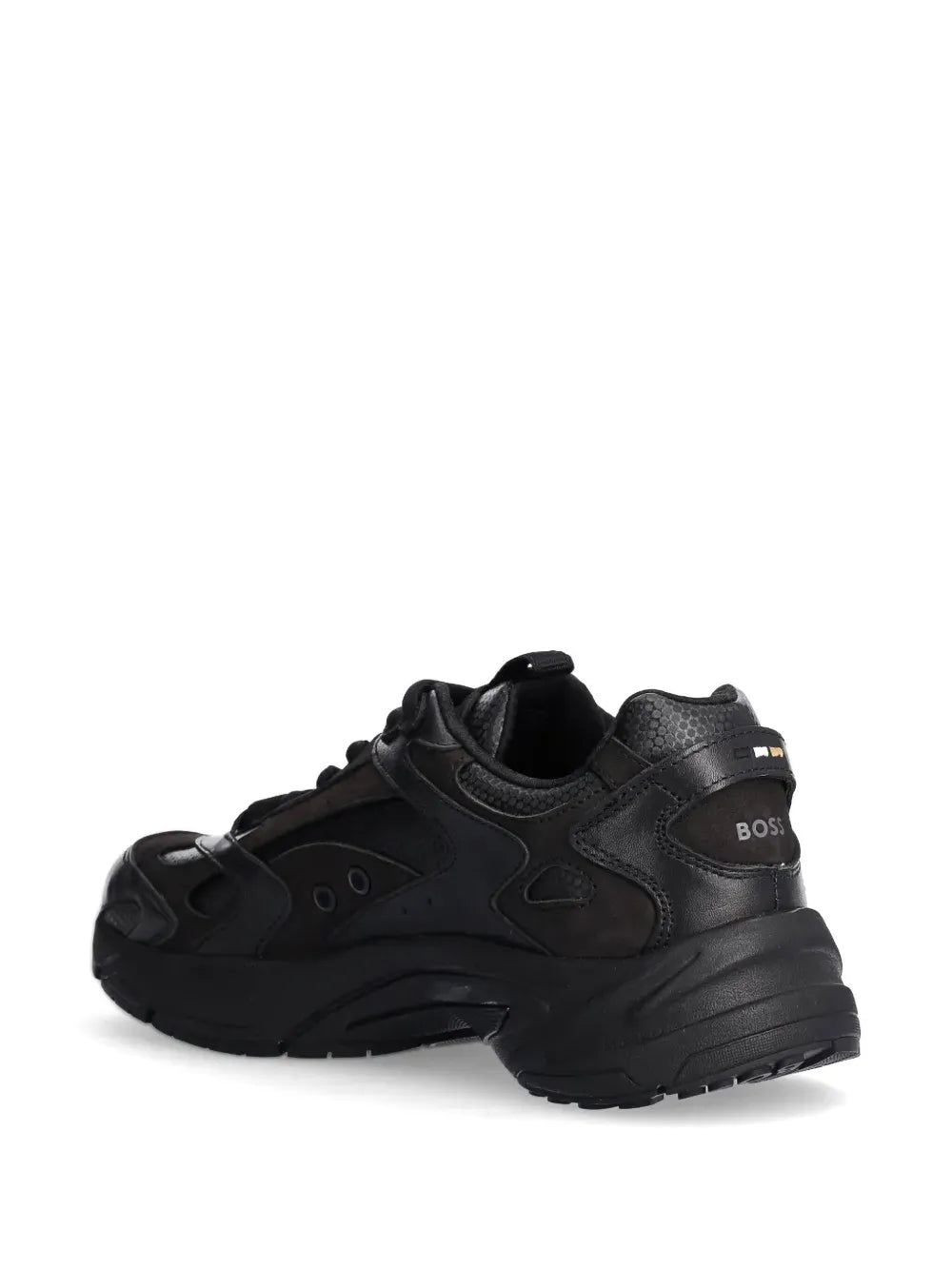 Black running sneakers with chunky sole and rear logo patch on heel