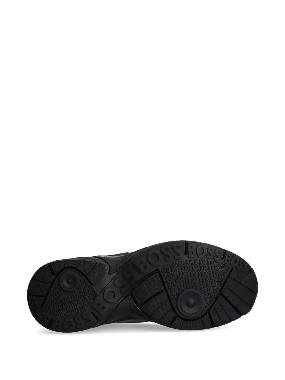 Black running sneaker outsole tread view with embossed logo detail