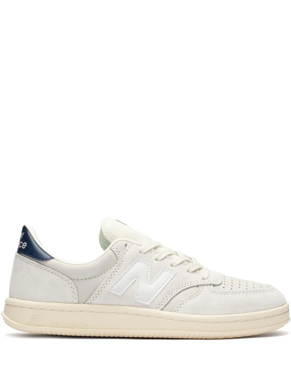 New Balance T500 low-top sneakers, cream leather with navy heel and gum sole