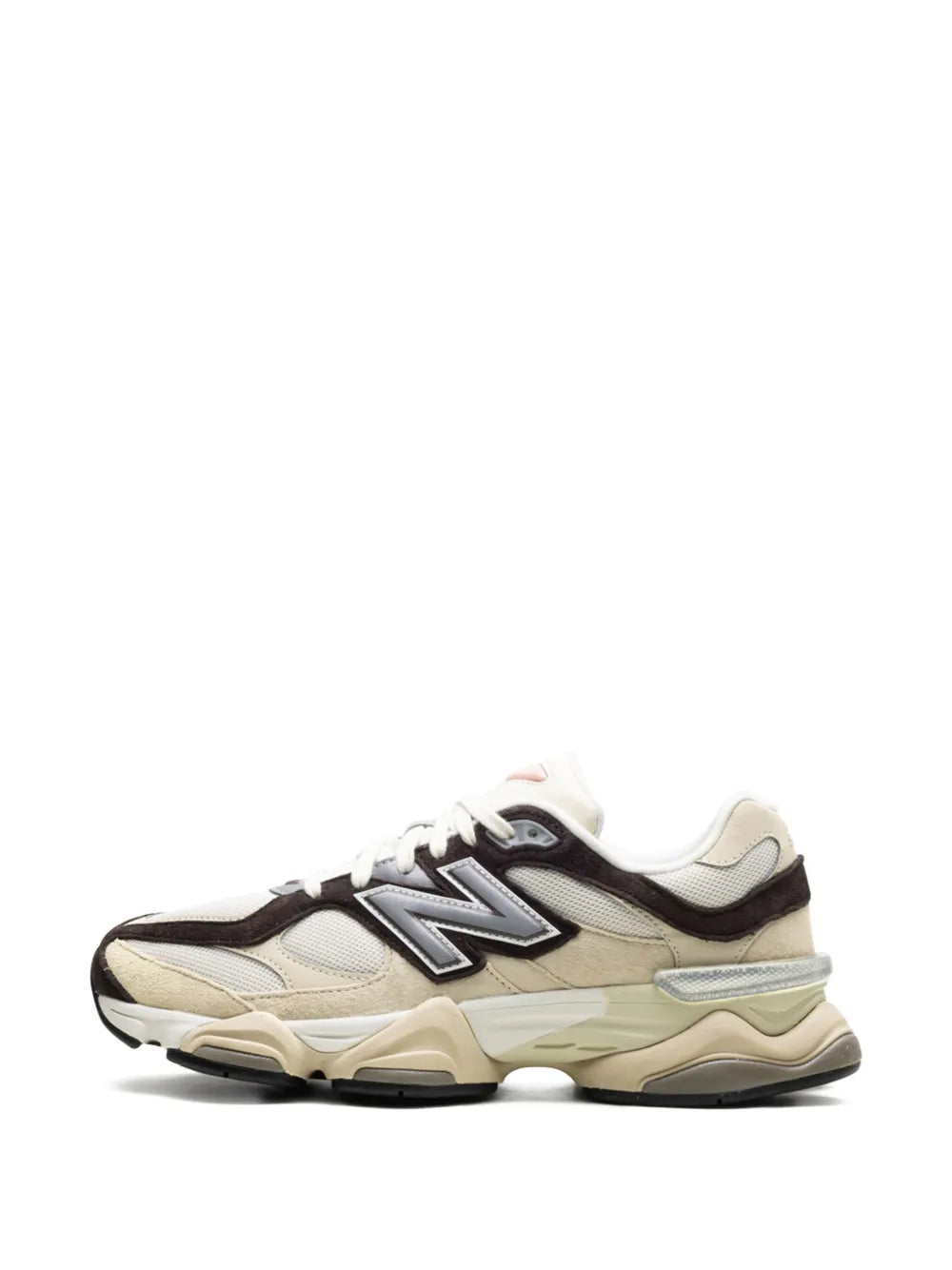 New Balance 9060 ecru sneakers with dark brown laces, N logo, and cushioned sole