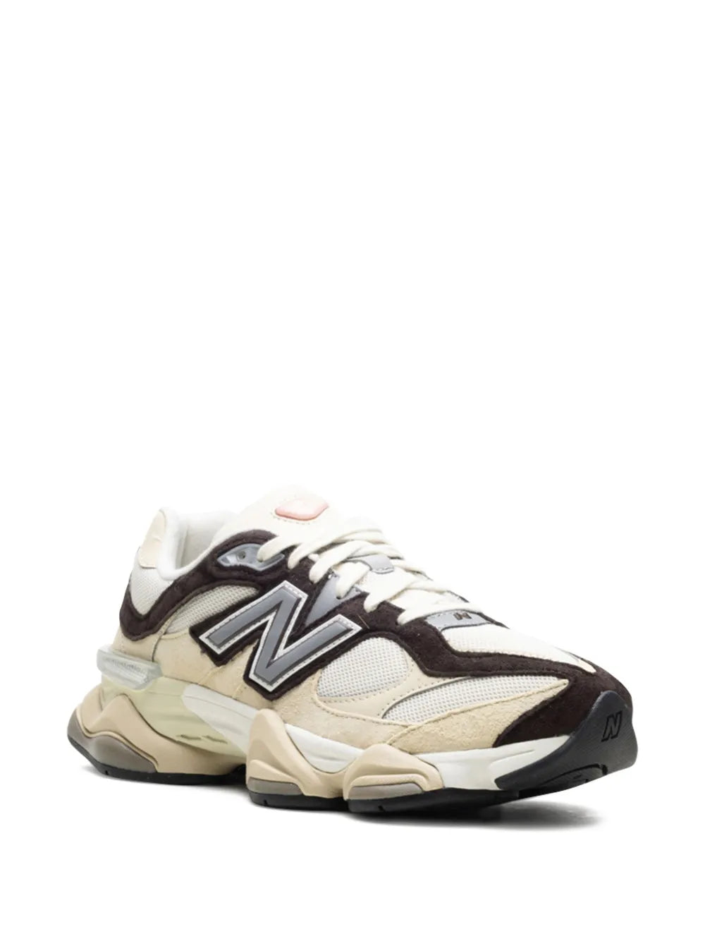 New Balance 9060 ecru sneakers, angled front view, dark brown accents and N logo