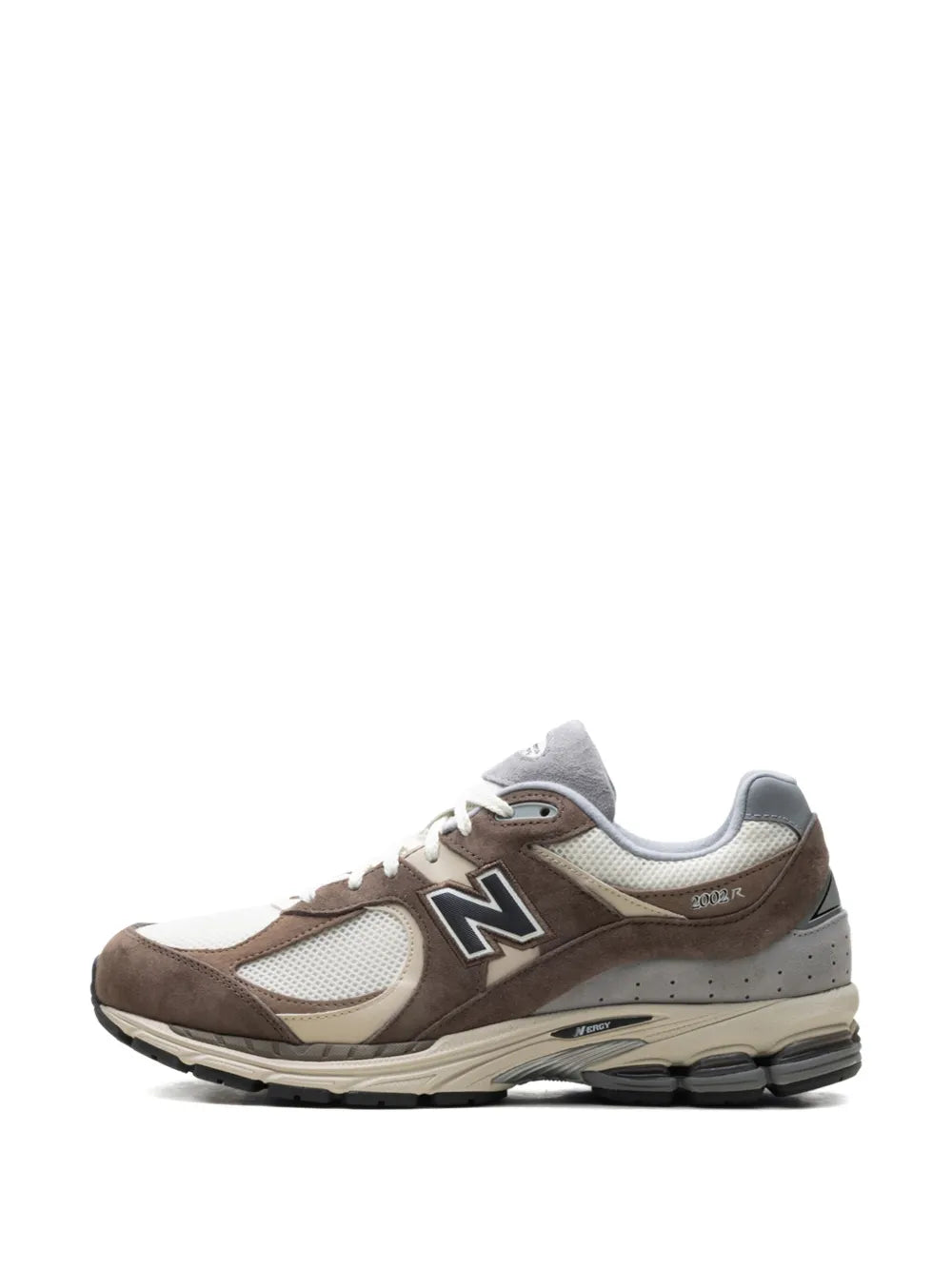 Suede sneakers front quarter view, off-white and brown suede with lace-up