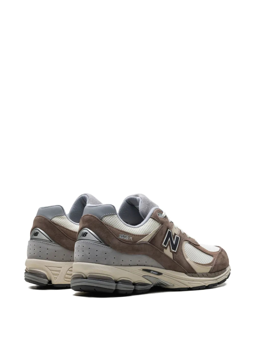 Suede sneakers with off-white laces and brown panels; heel and side view