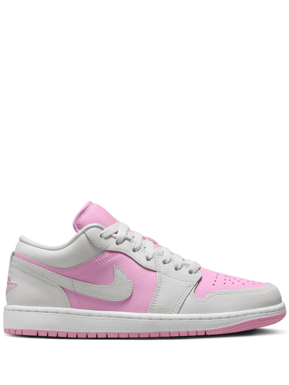 White and pink low-top sneakers with stitched Swoosh and lace-up front