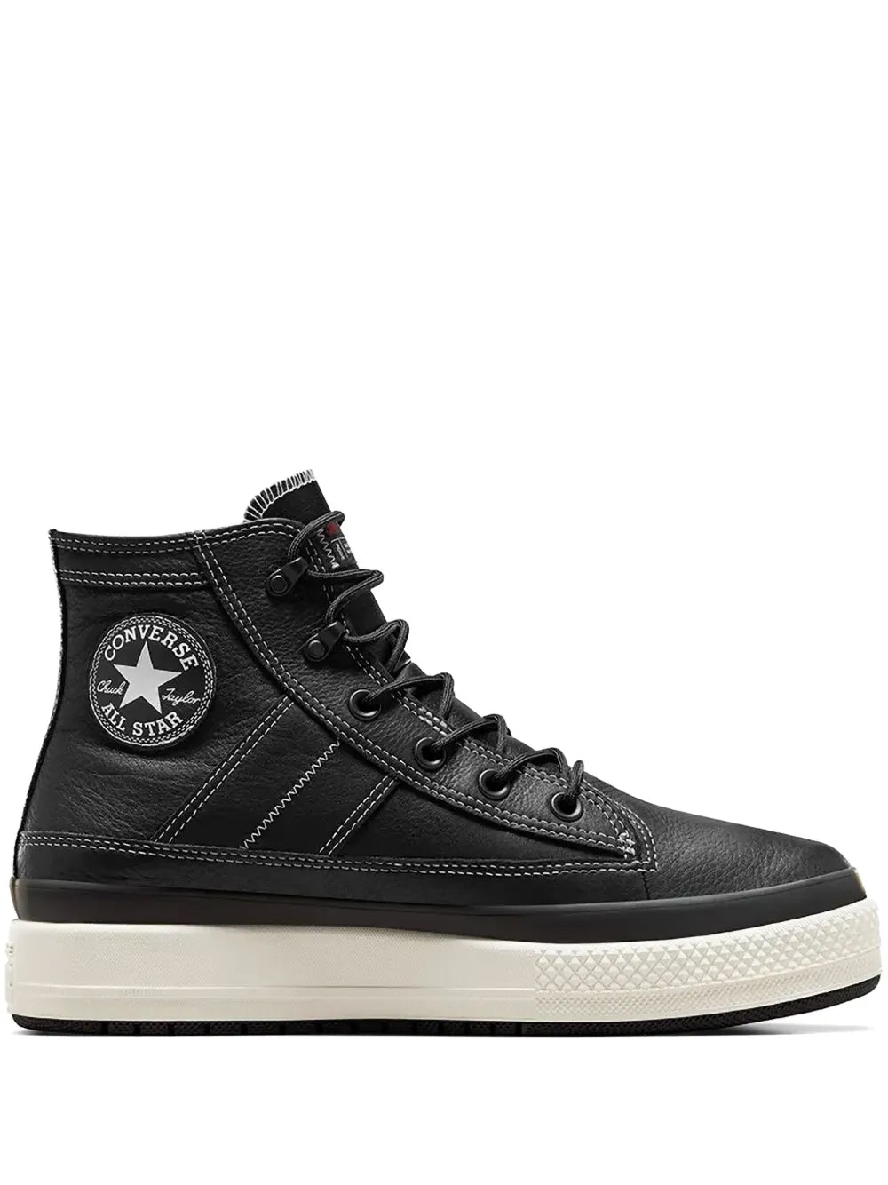 Black high-top lace-up Converse-style sneakers with rubber toe cap and All Star patch