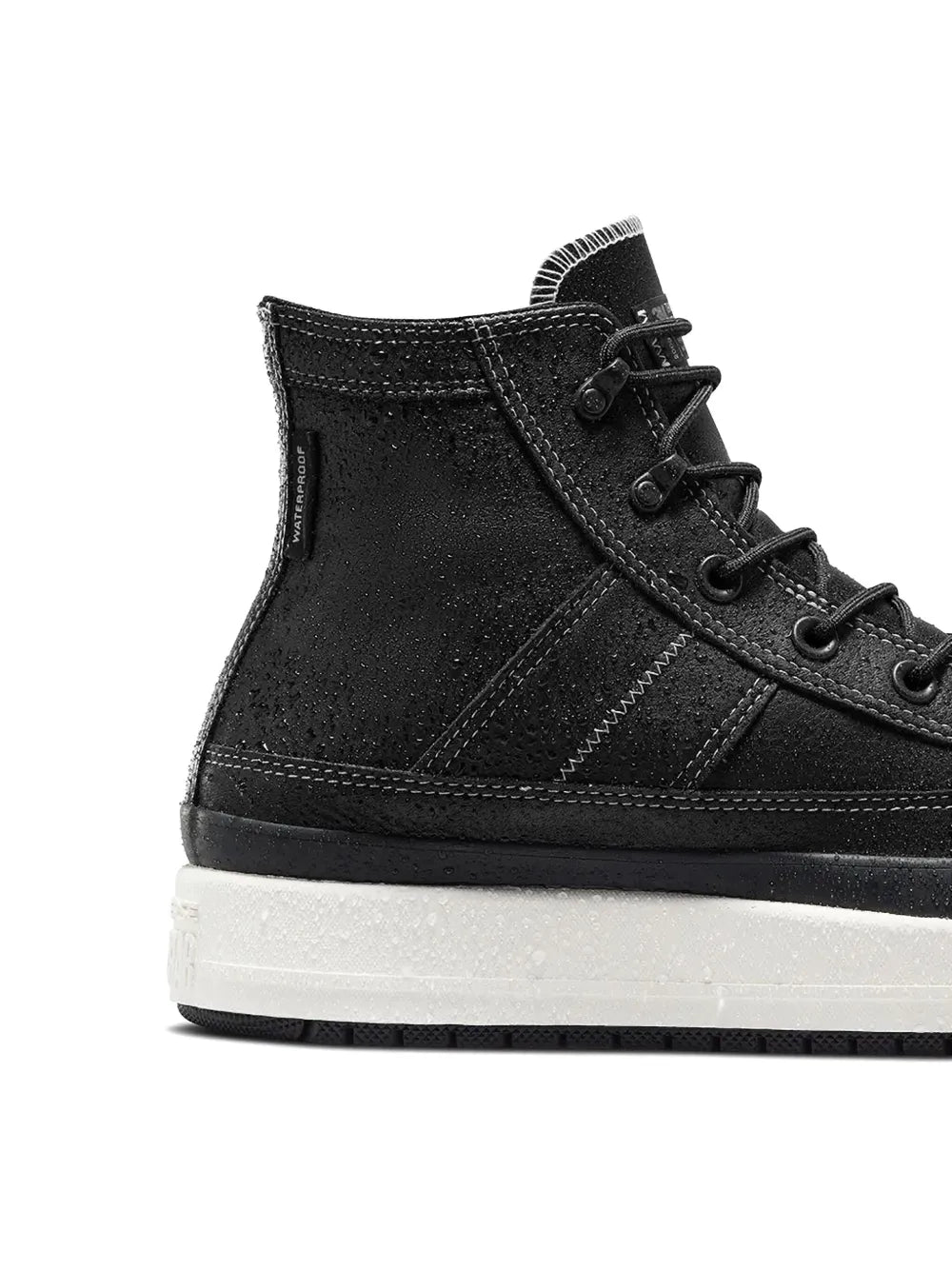 Black high-top lace-up sneaker with stitched side panels and white rubber sole