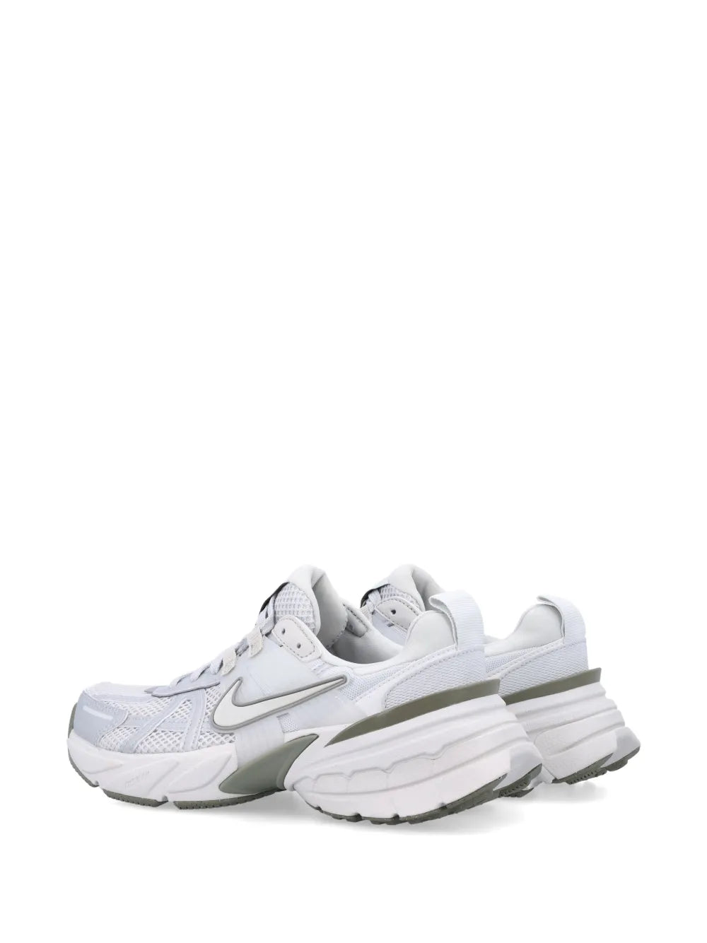 White/grey running sneaker in side view with green accent and cushioned sole
