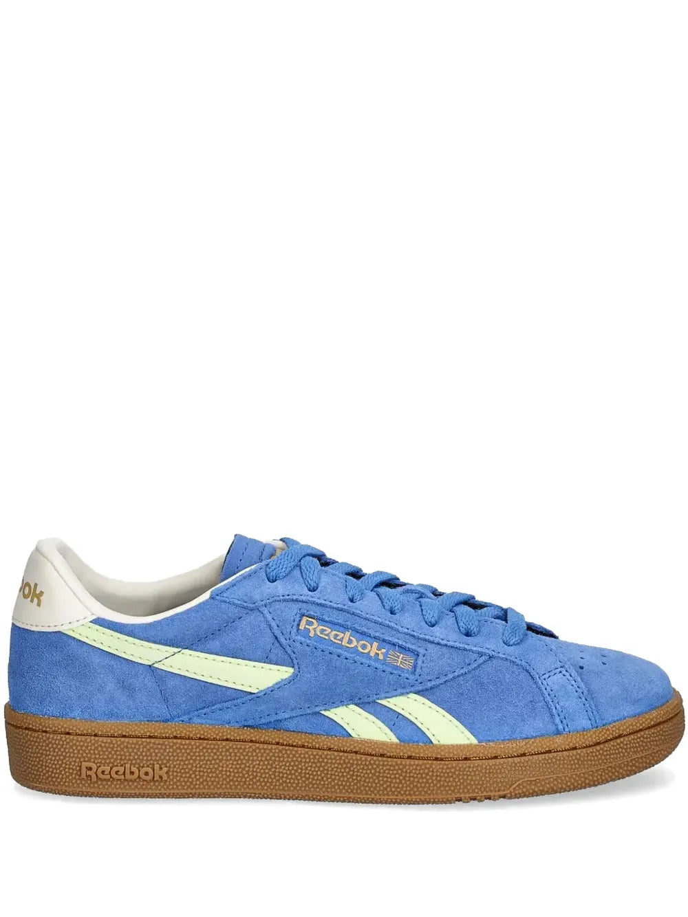 Blue suede low-top sneakers with Reebok logo, green side stripes, and gum sole
