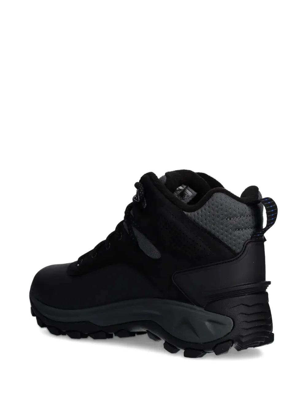 Merrell waterproof high-top sneakers, black side profile with heel pull tab and tread