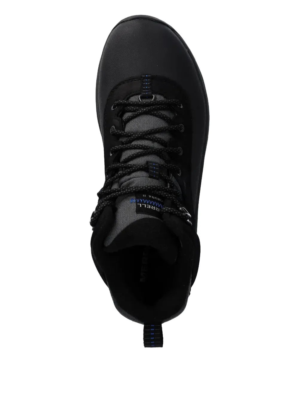 Merrell waterproof sneakers front view, black laces and tongue with blue pull tab