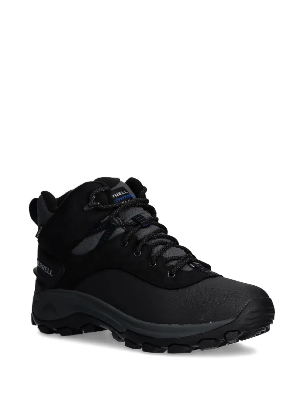 Merrell waterproof high-top sneakers, black mesh upper with lace-up and blue accents