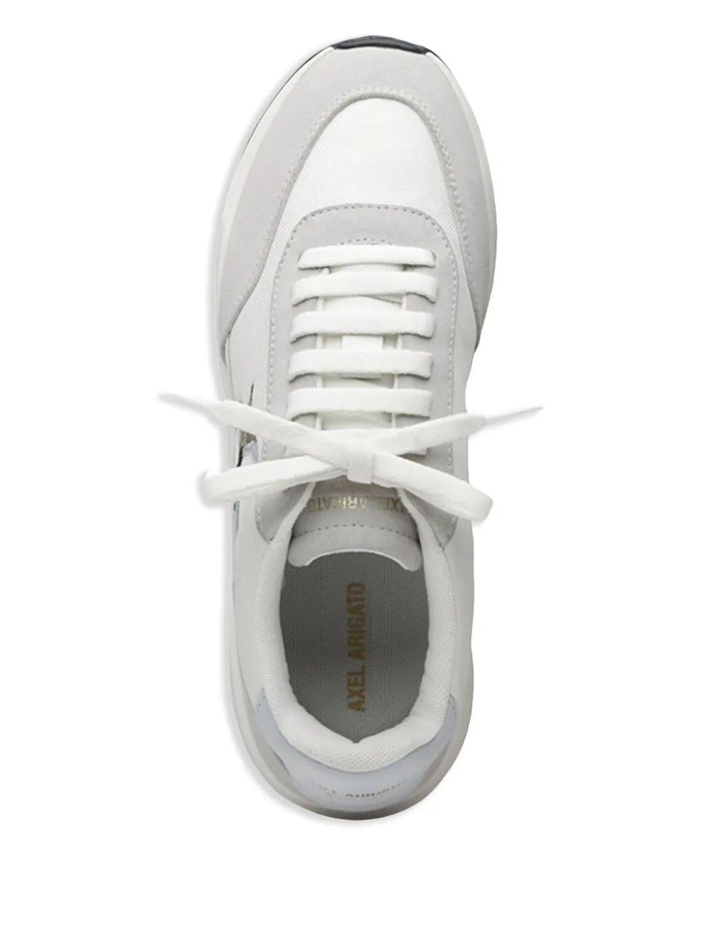 White and grey sneaker top view with laces and padded collar