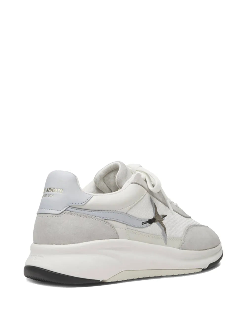 Grey and white low-top sneakers with side bird logo, front-left view