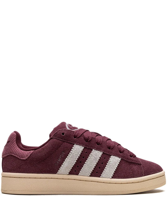 Burgundy adidas Campus 00S sneakers, suede, white triple stripes, beige sole
